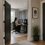 A woman working at a desk in a home office studio with two doors, showcasing desk and speaker geometry.