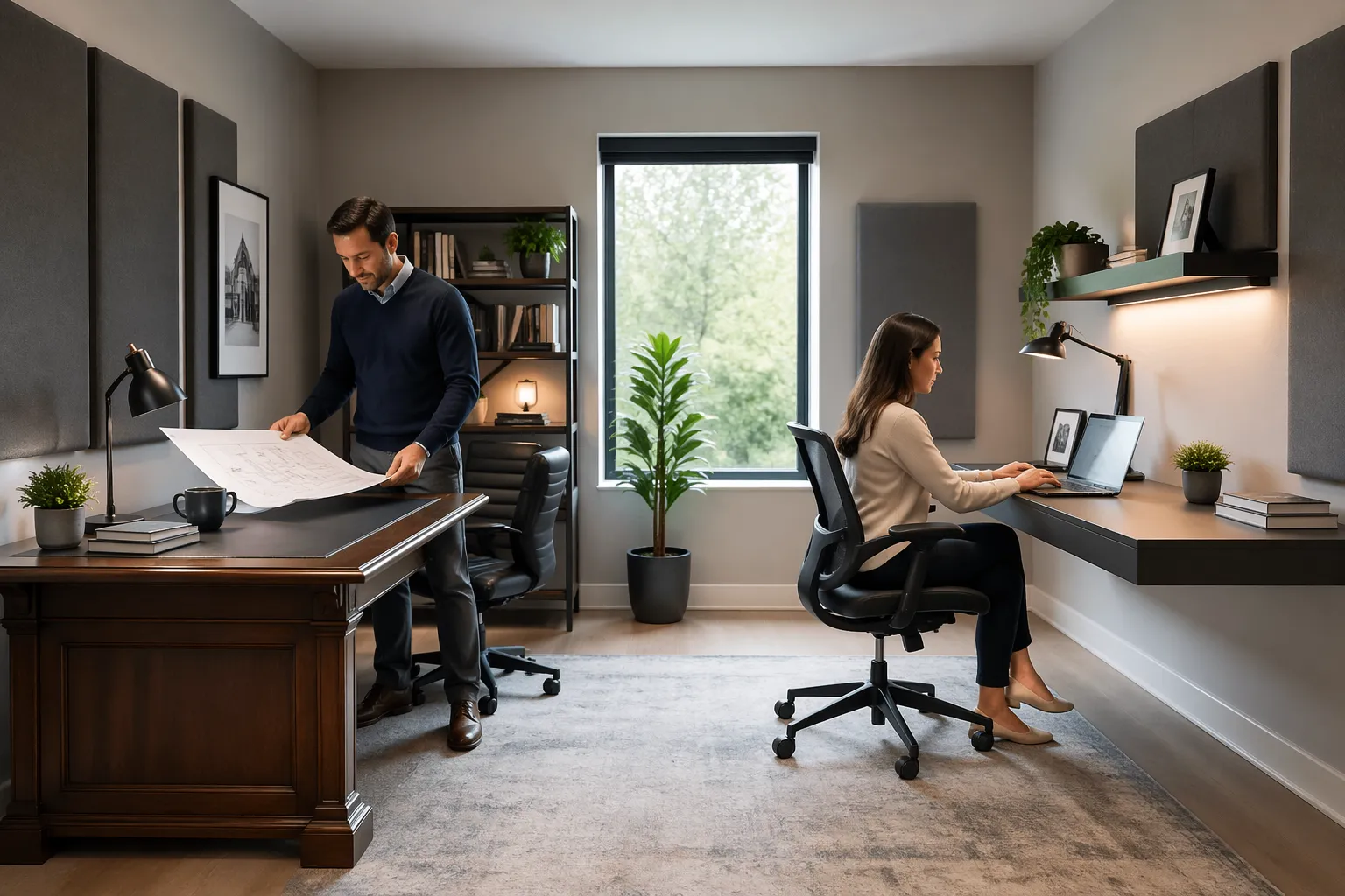 A woman working at a floating desk and a man examining a traditional desk in a home office with acoustic panels
