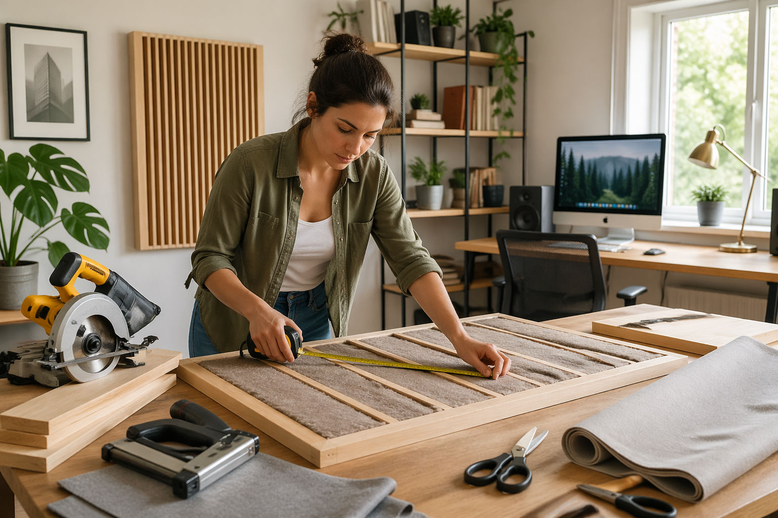 A woman constructing a DIY acoustic panel in her home office with tools and materials around her.