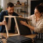A man and woman building DIY acoustic panels in a home office, focusing on soundproofing materials and tools.