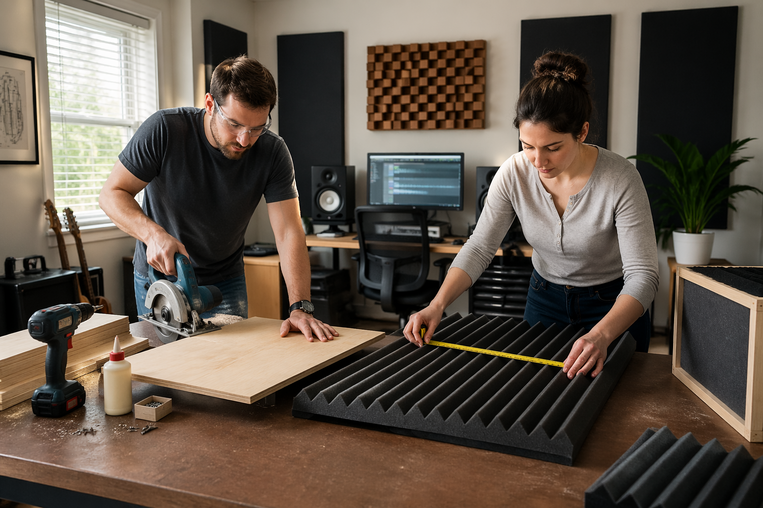 A man and woman constructing DIY bass traps in a home office studio with wood and acoustic foam.