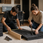 A man and a woman building DIY bass traps in a home office studio with acoustic materials and tools.