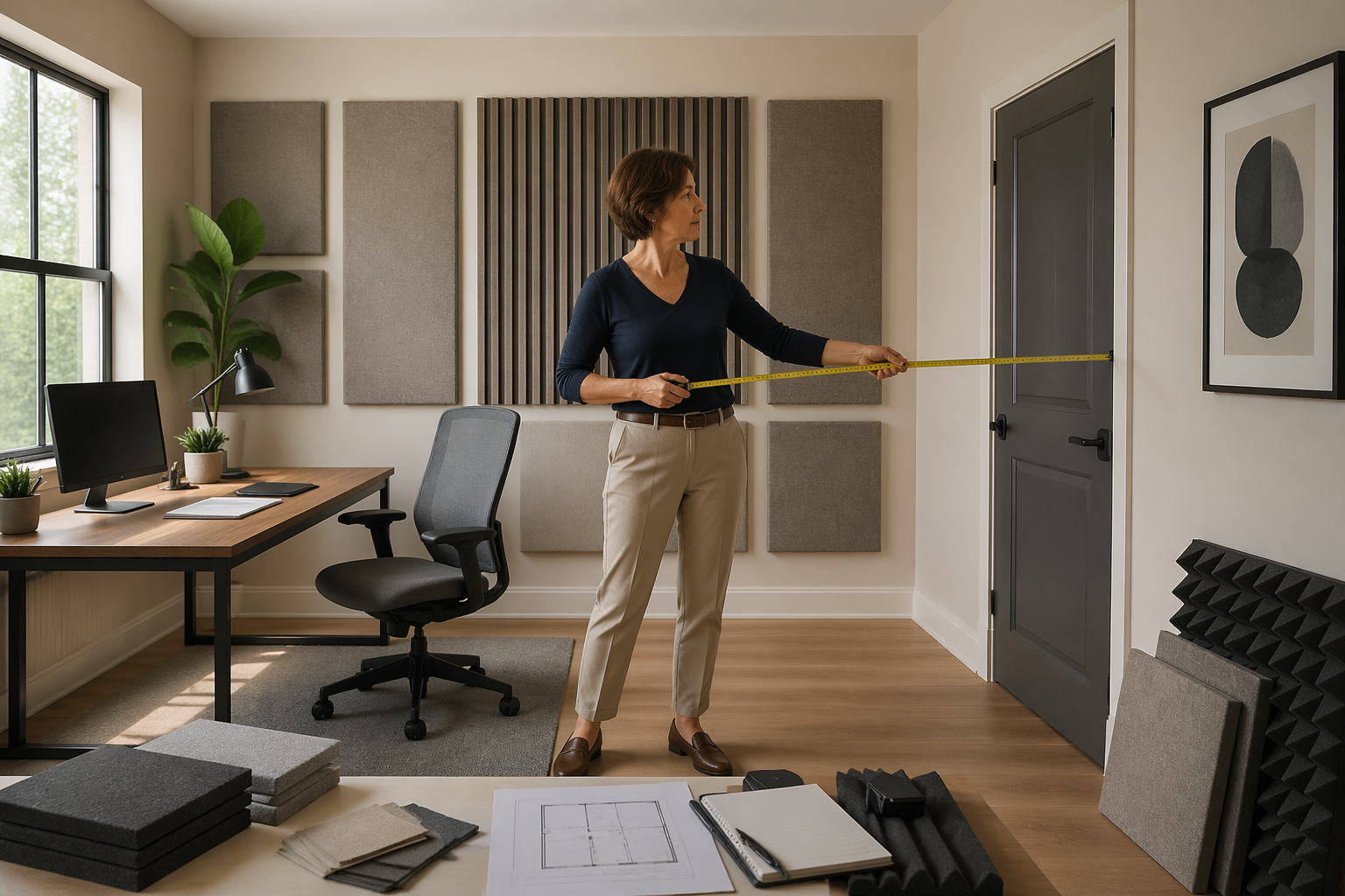 A woman measuring door placement in a home office to improve room geometry.