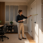 A woman measuring door placement in a home office studio with acoustic panels and a desk.