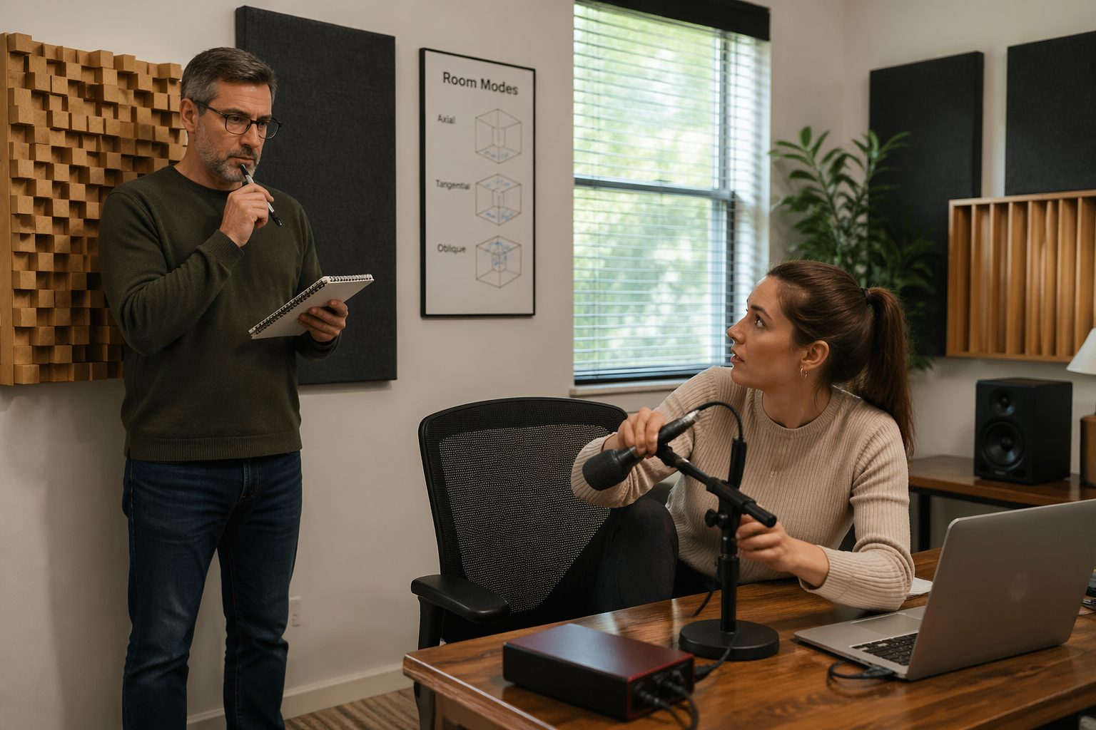 A man and a woman conducting a listening test in a home office to find room modes.