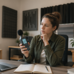 A woman using a sound level meter in a home office to test room acoustics with acoustic panels on the walls