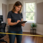 A sound engineer measuring a small home office room for acoustic treatment with a tape measure and clipboard.