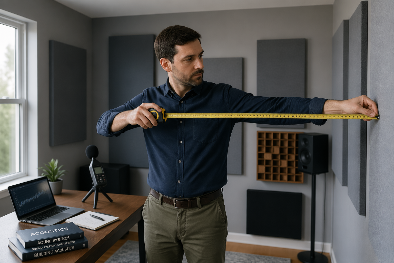 A male acoustics engineer measuring dimensions in a small home office filled with acoustic panels.