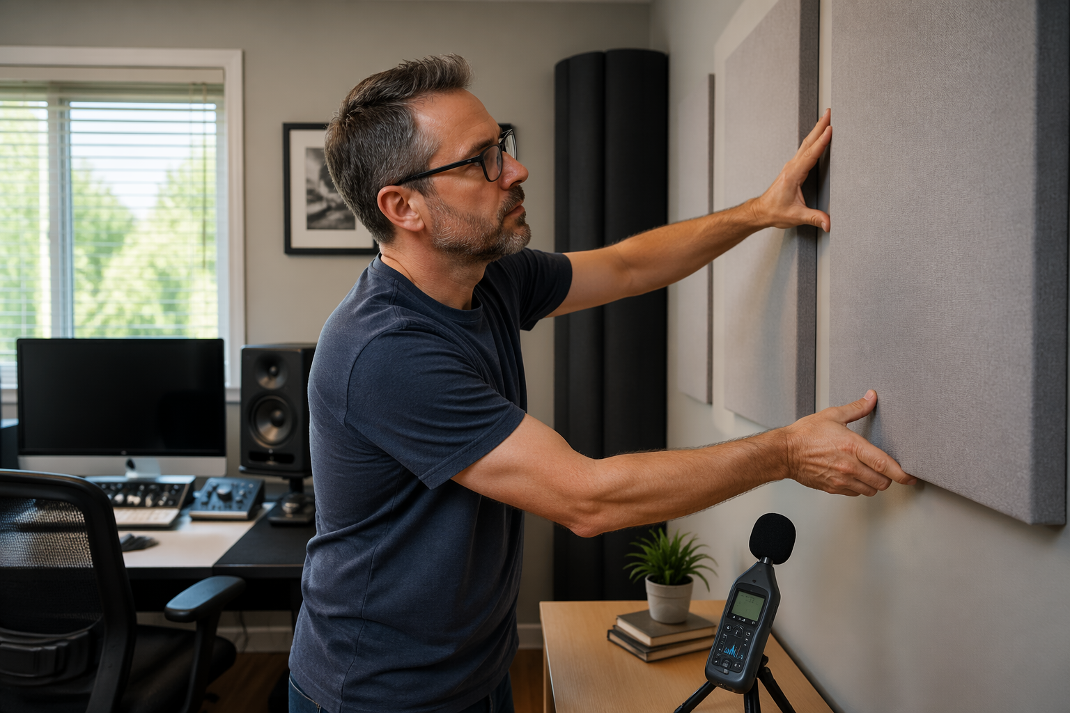 A man adjusting acoustic panels in a small home office studio to improve sound quality.