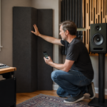 A sound engineer adjusting audio equipment in a small home studio focused on a bass trap.