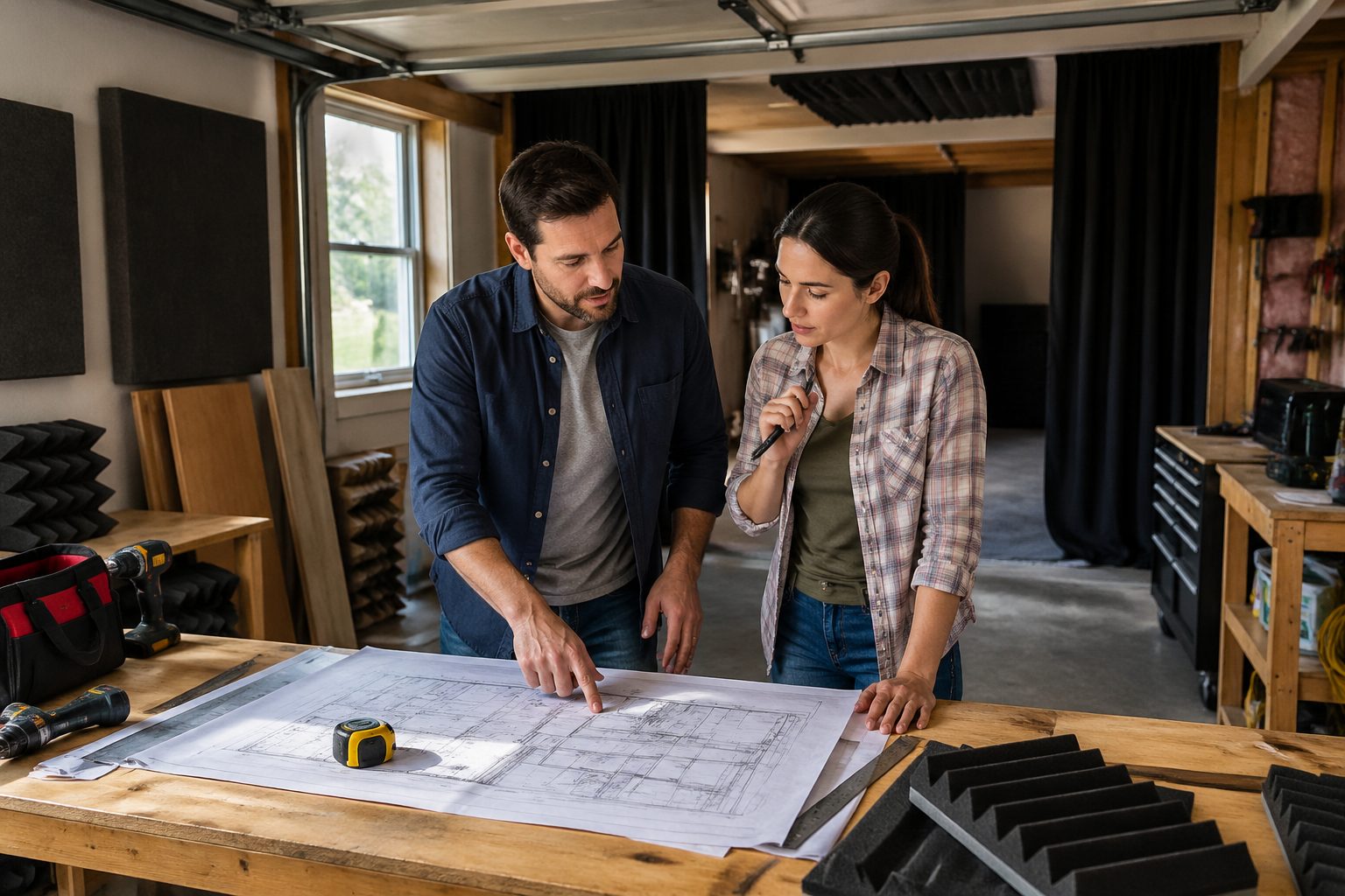 A man and woman discussing garage conversion plans for a home studio with acoustic treatment materials visible.