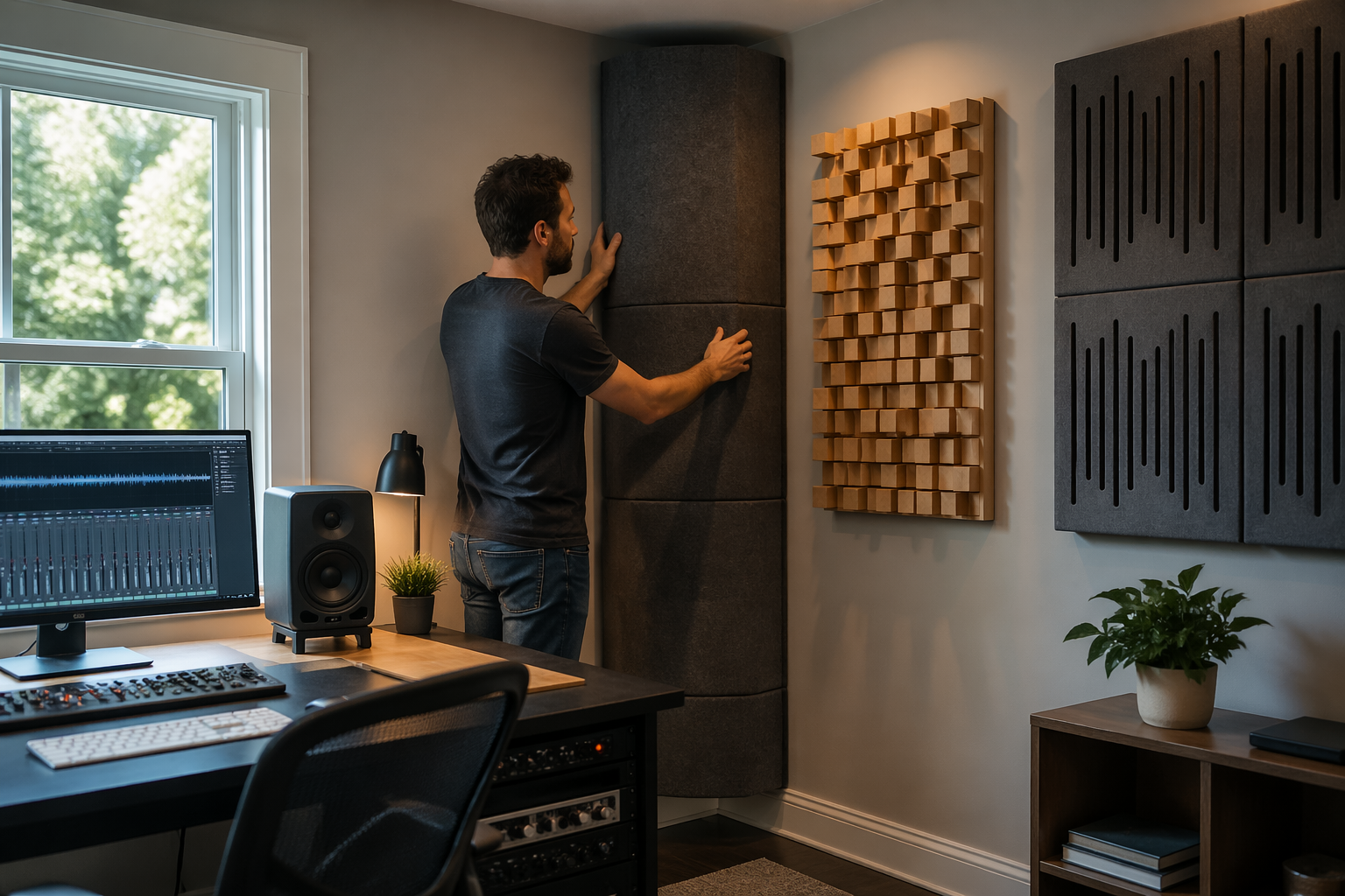 A sound engineer adjusts acoustic panels in the corners of a home office to improve bass control.