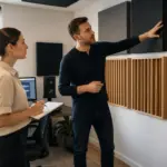 A man and a woman discussing acoustic treatment in a home office with soundproofing panels on the walls.