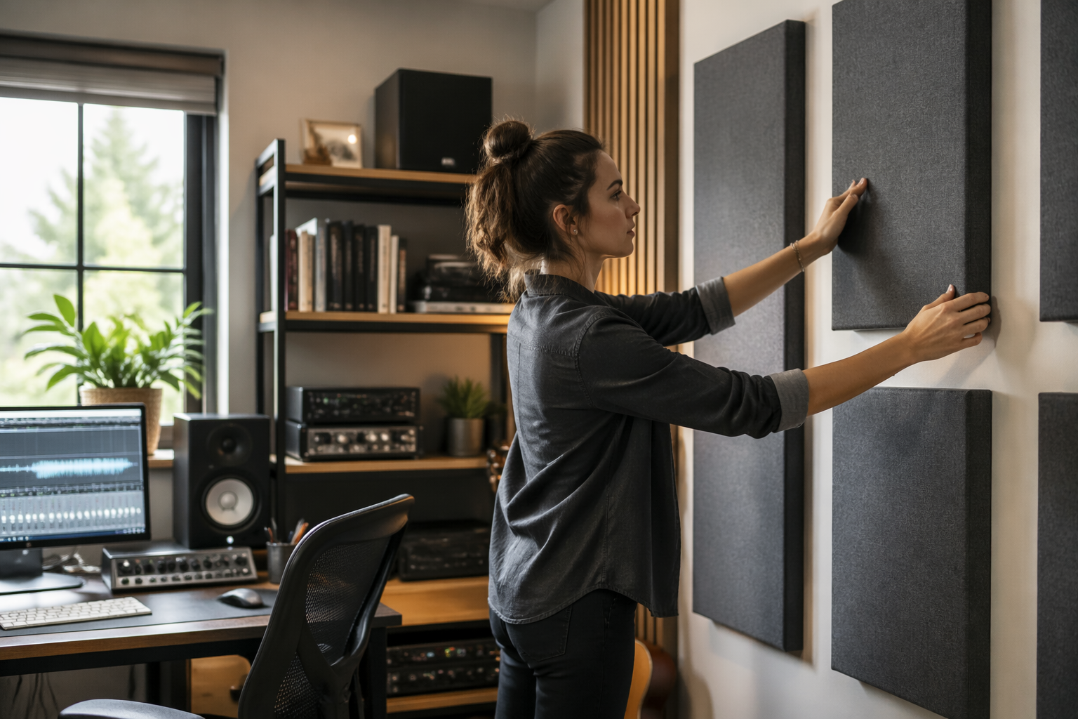 A woman adjusting acoustic panels in her home office to enhance sound quality.