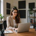 A woman working at a desk in a home office studio with a radiator on the wall and acoustic panels.