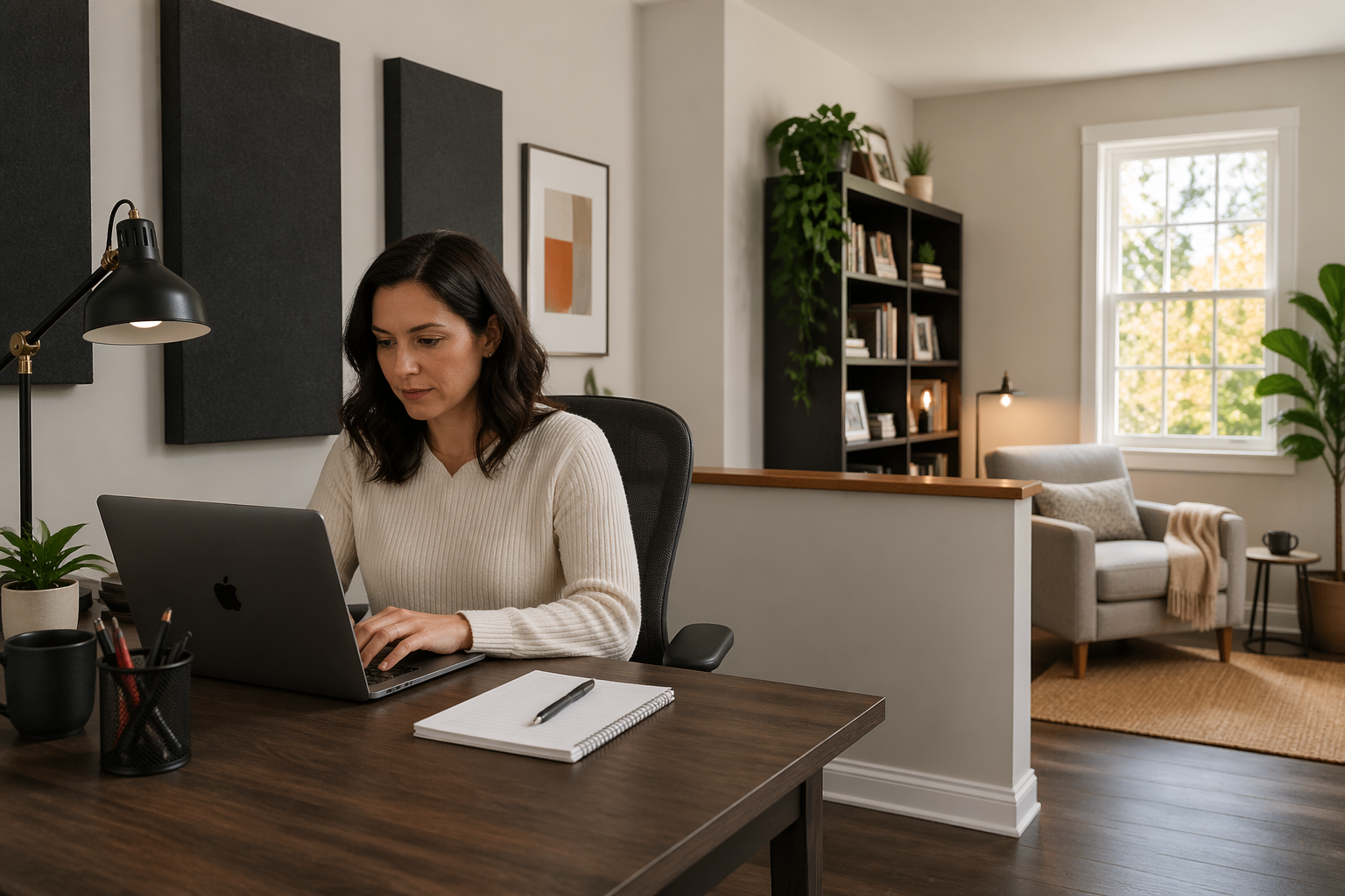 A woman working at a desk in a home office studio with a low knee wall divider and acoustic panels.