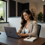 A professional woman working at a home office studio with a low knee wall divider and acoustic panels.
