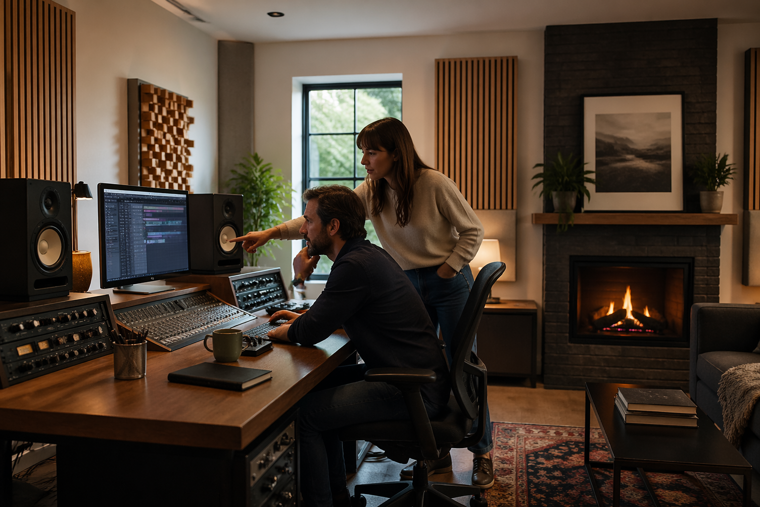 A man and a woman working together in a home office studio with acoustic panels and a fireplace, showcasing a well-designed layout.