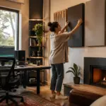 A woman adjusting acoustic panels in a modern home office studio with a fireplace, focusing on layout options for sound stability.