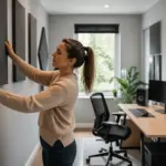 A woman arranging acoustic panels in her home office studio located in a long, narrow room.