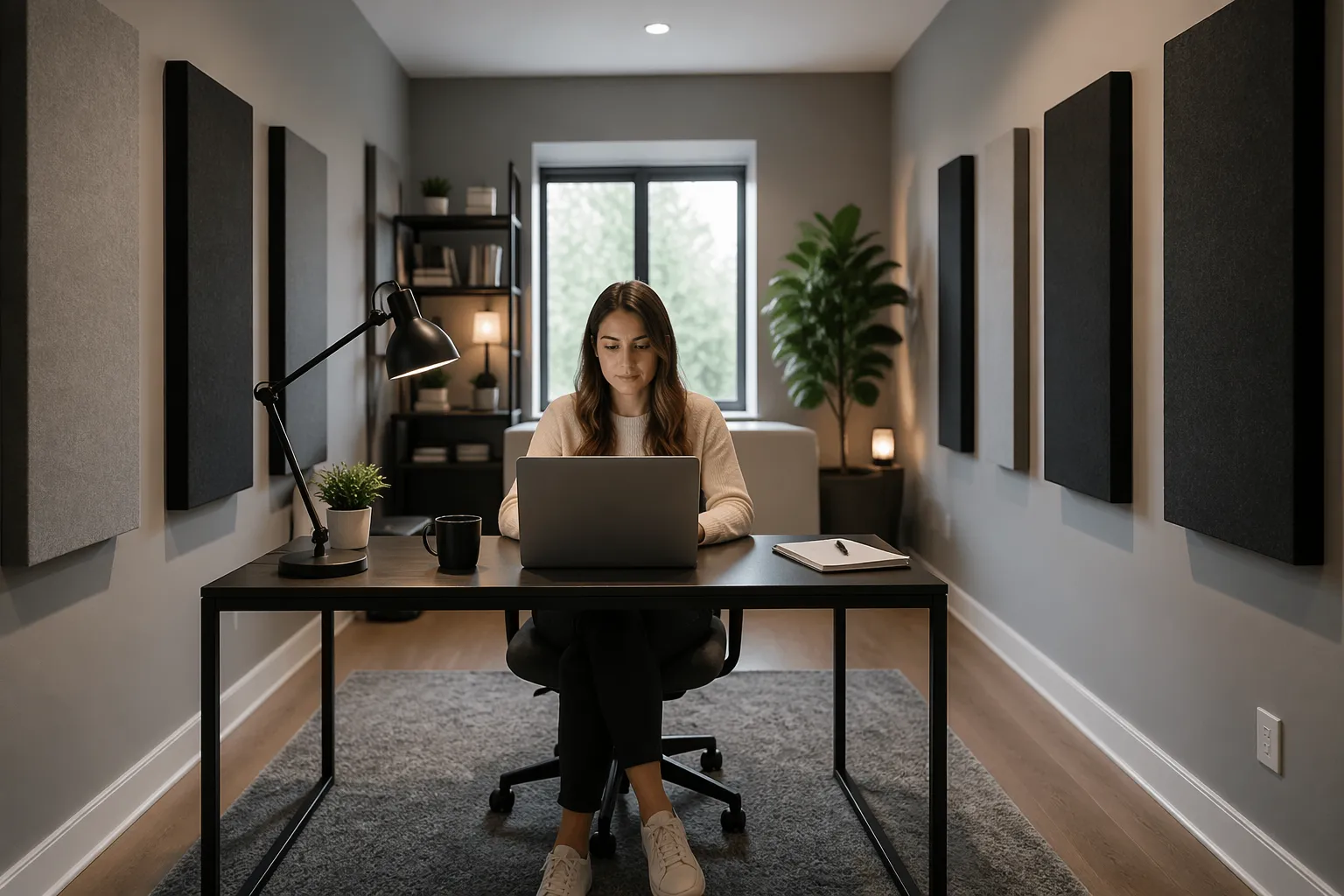 A woman working at a desk in a long narrow home office studio with acoustic panels on the walls