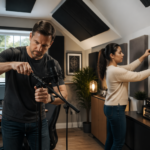A man and a woman working together in a home office studio with a sloped ceiling, adjusting acoustic treatment panels.