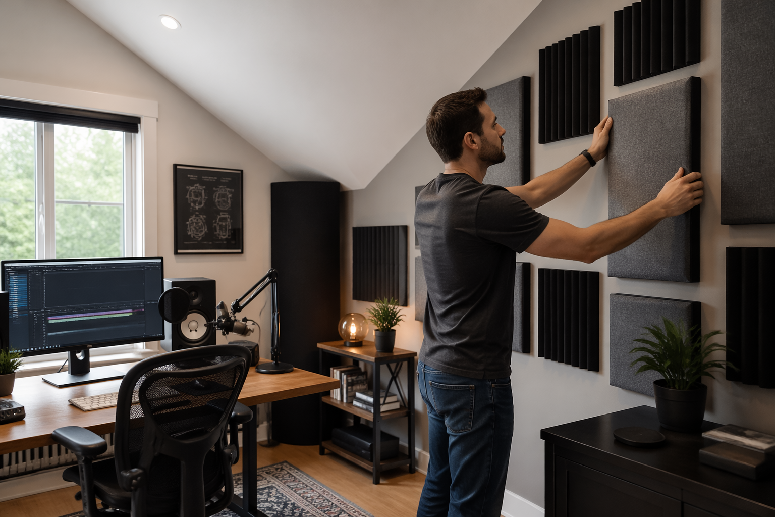 A man adjusting acoustic panels in a home office studio with a sloped ceiling