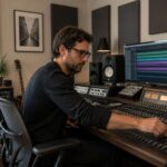 A male audio engineer adjusting sound equipment in a home office studio with acoustic panels and a computer.