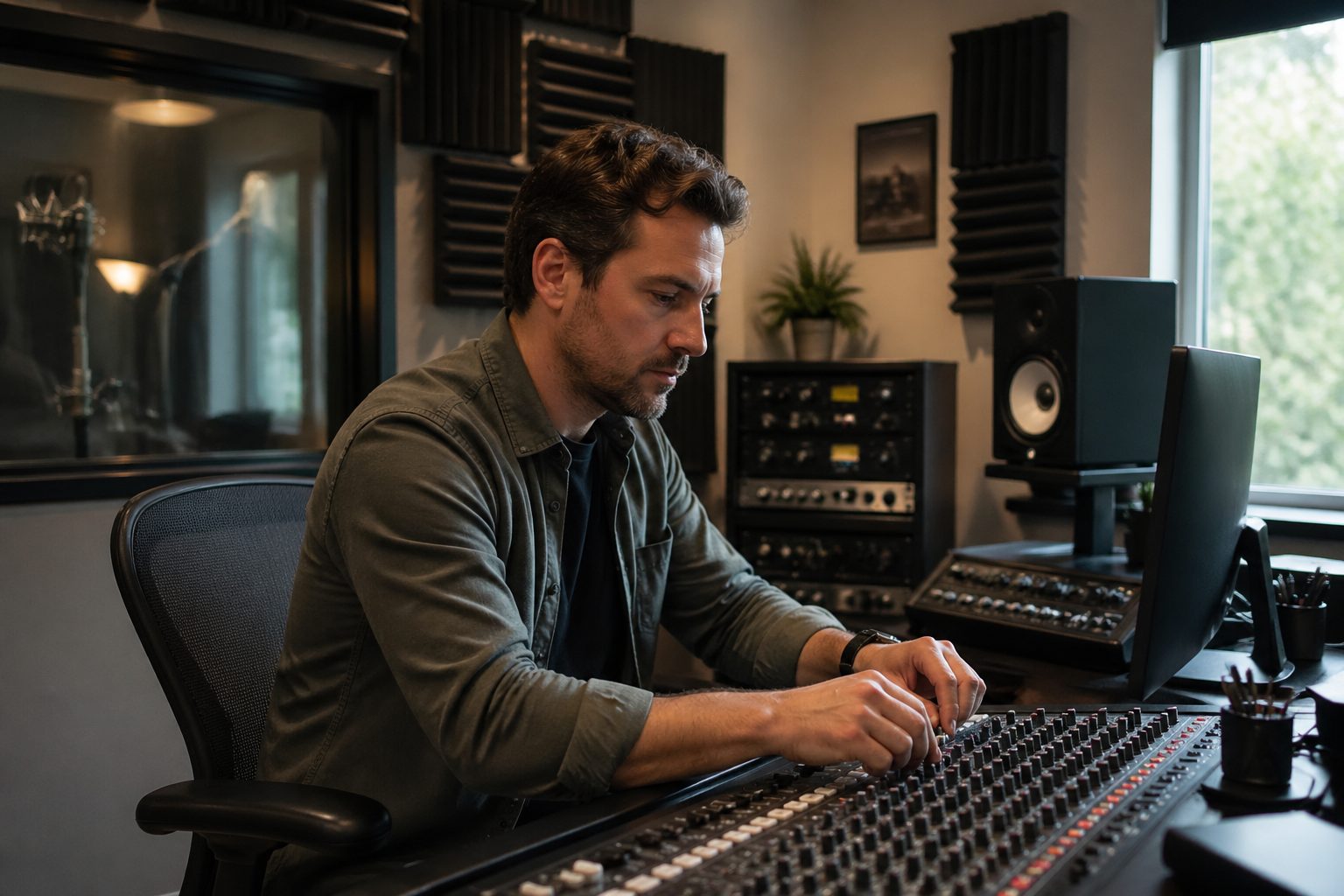 A male audio engineer adjusting sound equipment in a home office studio with acoustic panels and natural light.