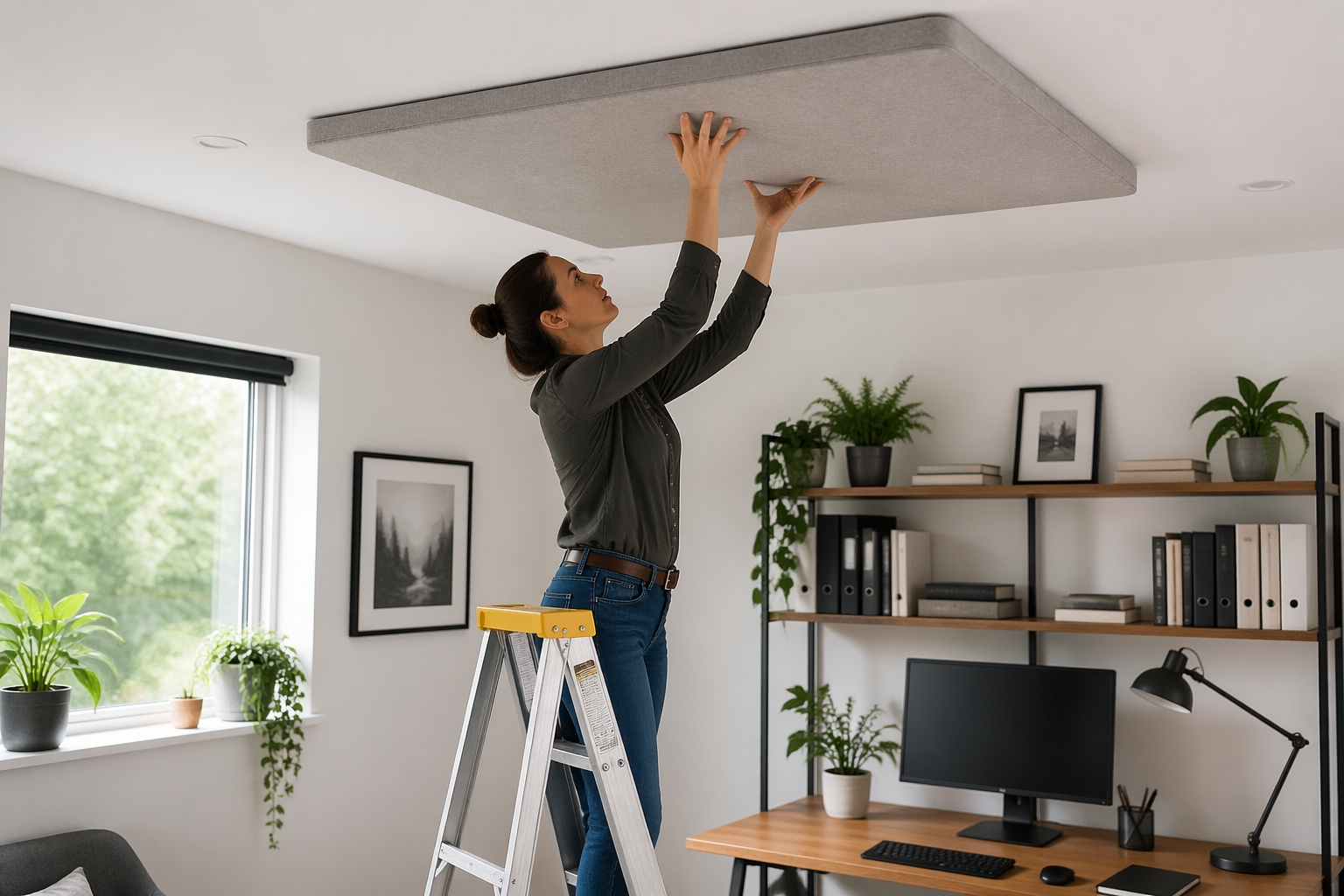 A woman installing a ceiling acoustic panel cloud in a modern home office while standing on a ladder