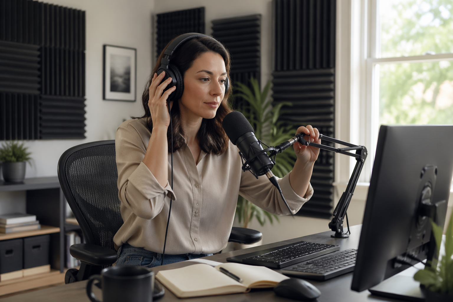 A woman adjusting her microphone in a home office studio with acoustic panels