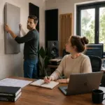 A man and a woman collaborating in a home office studio, adjusting sound panels and discussing acoustic treatment.