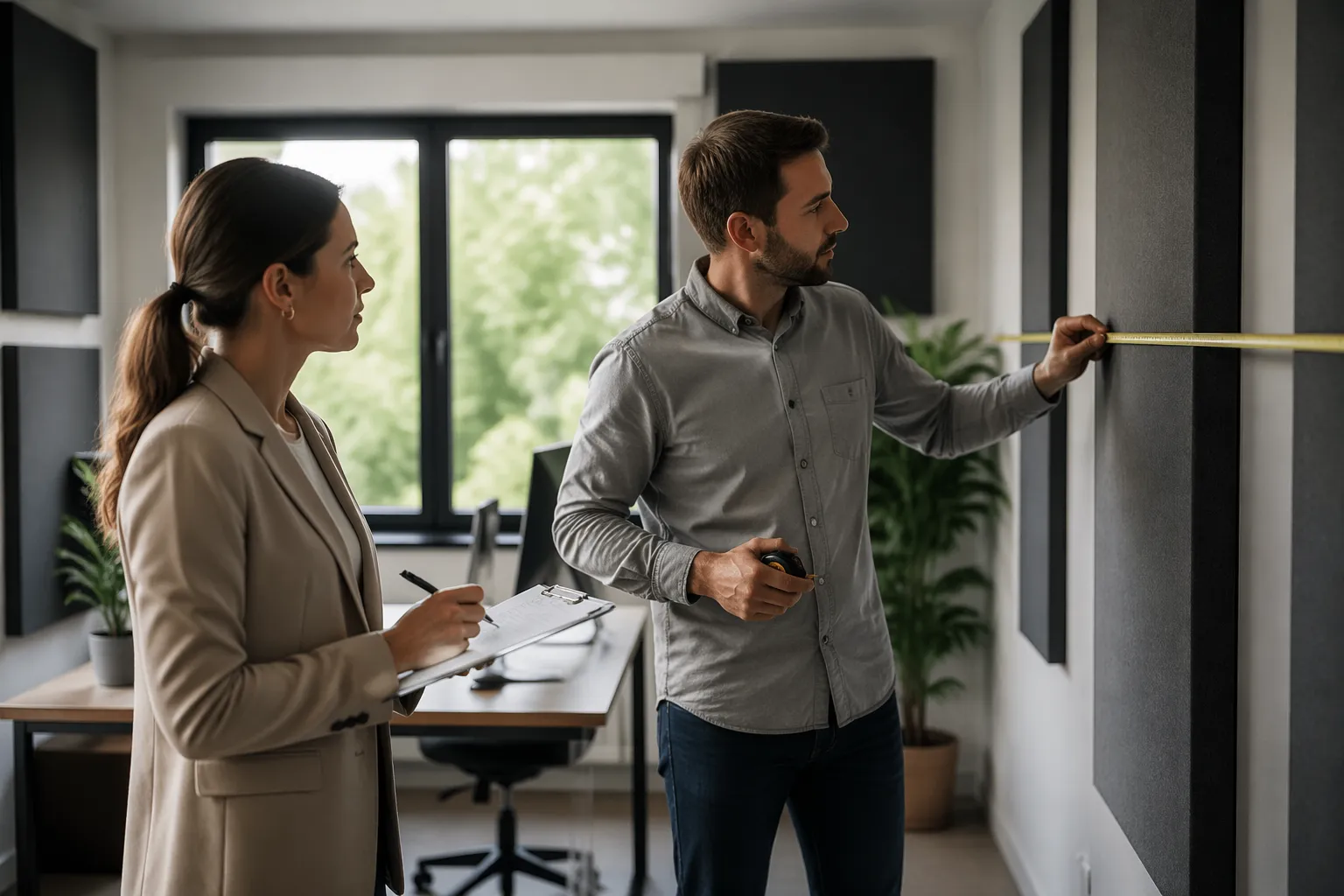 A man and woman measuring a room for acoustic planning in a home office