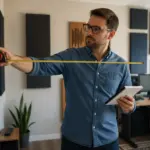 A man measuring a room for acoustic planning in a home office with acoustic panels.
