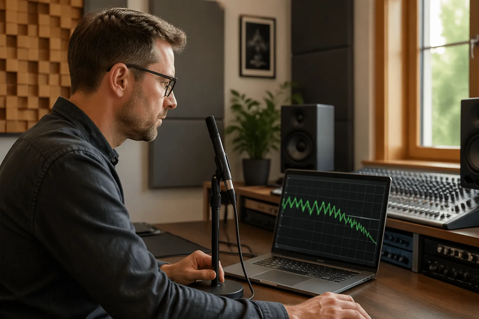A sound engineer measuring bass response in a home office studio with a microphone and laptop