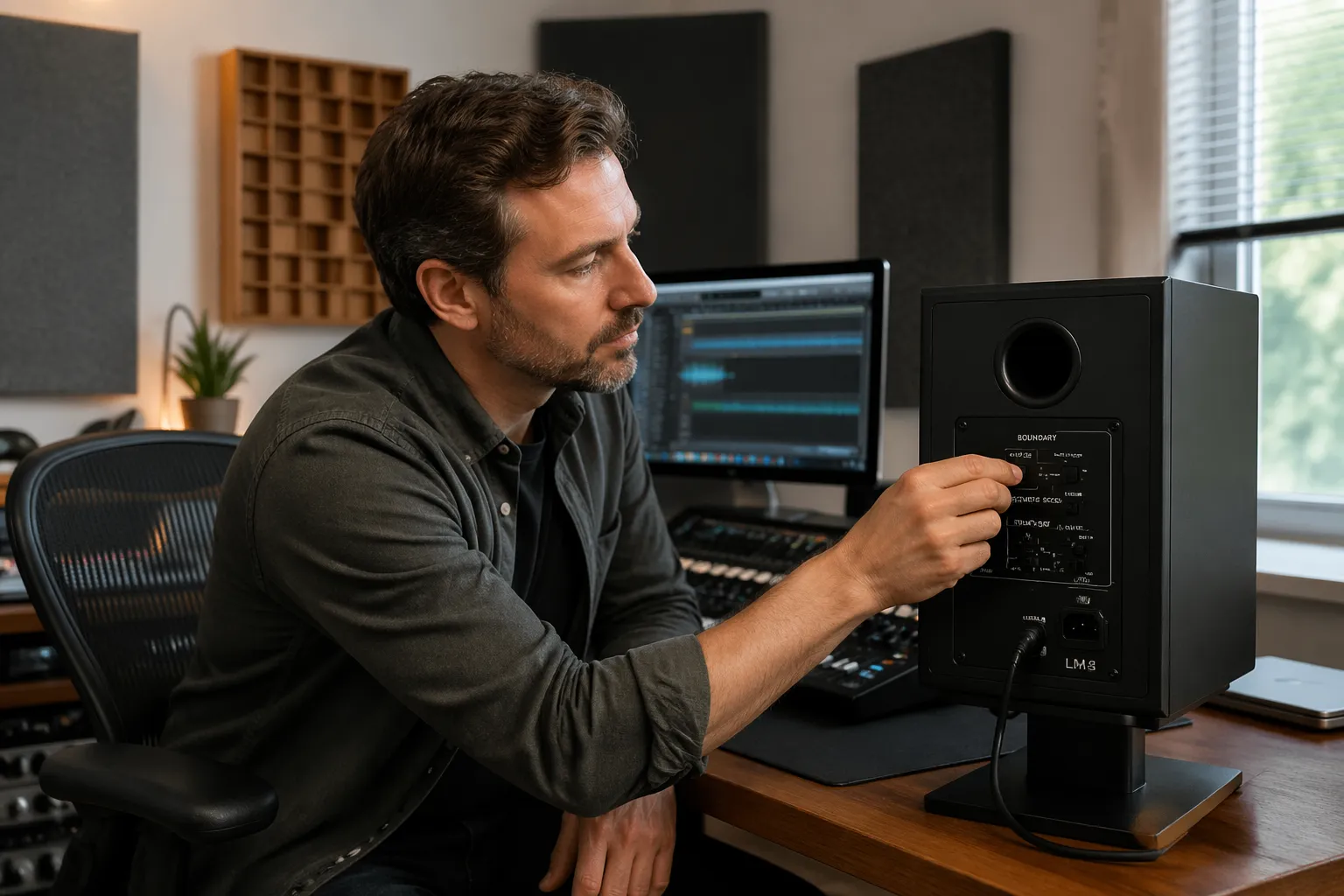 A male audio engineer adjusting monitor boundary switches in a modern home office with acoustic panels.