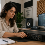 A woman adjusting monitor boundary switches in her home office to improve bass sound quality.