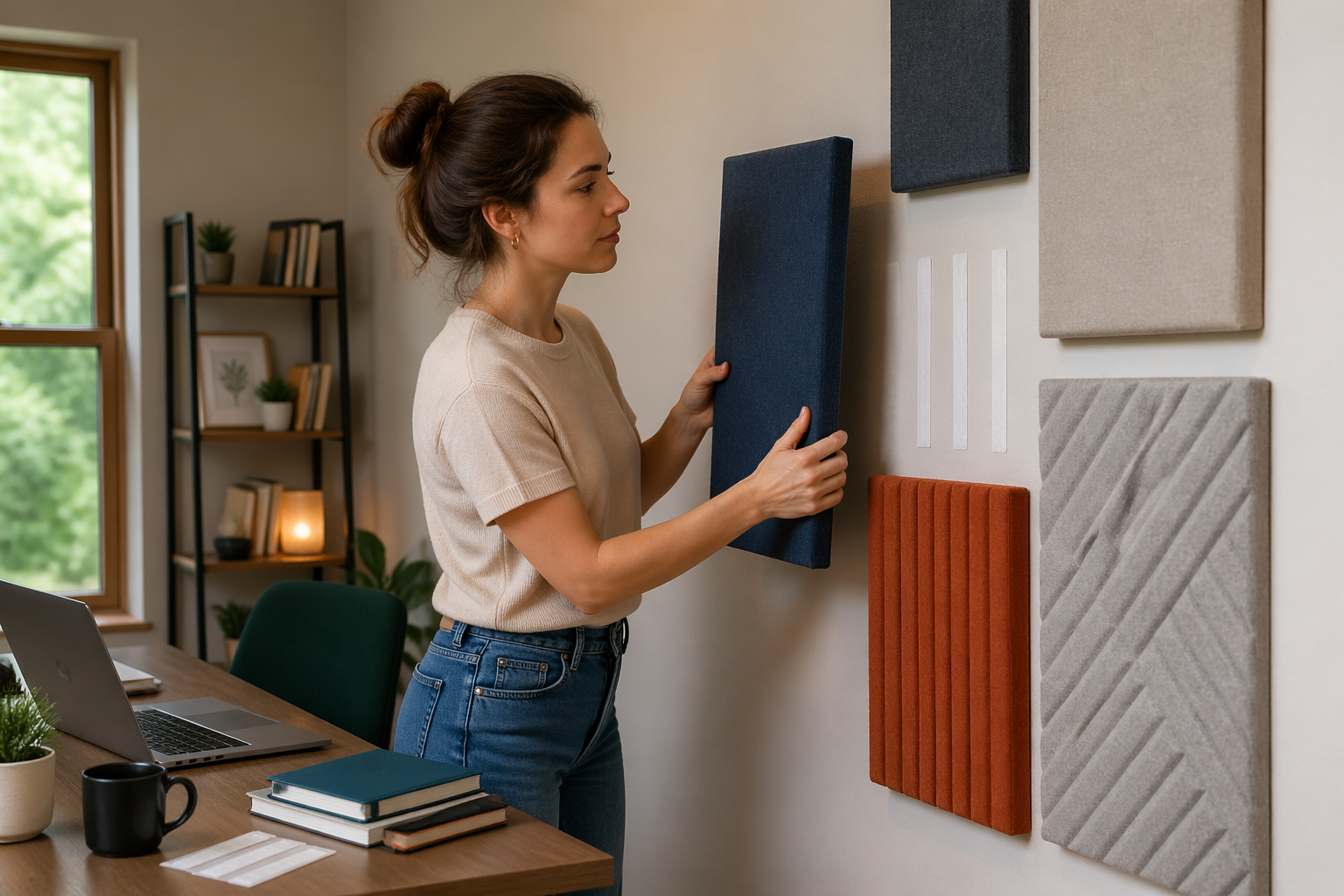 A woman mounting acoustic panels in her home office using adhesive strips, demonstrating a no-drill method.