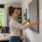 A woman in a home office attaching an acoustic panel to the wall using adhesive strips.