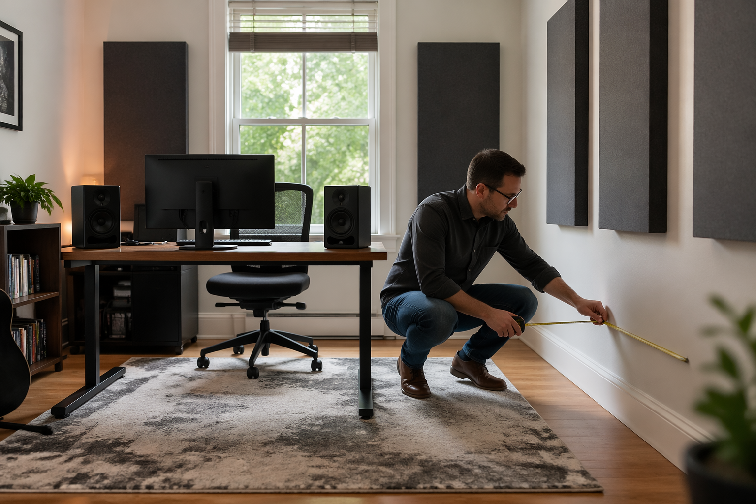 A man adjusting his desk position in a rectangular home office to enhance audio clarity with acoustic panels in the background.