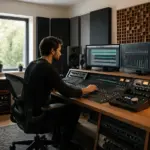 An audio engineer adjusting equipment at a desk in a rectangular home office with sound-absorbing panels.