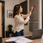 A woman measuring angles in her home office that opens to a hallway, focusing on room geometry for acoustic treatment.