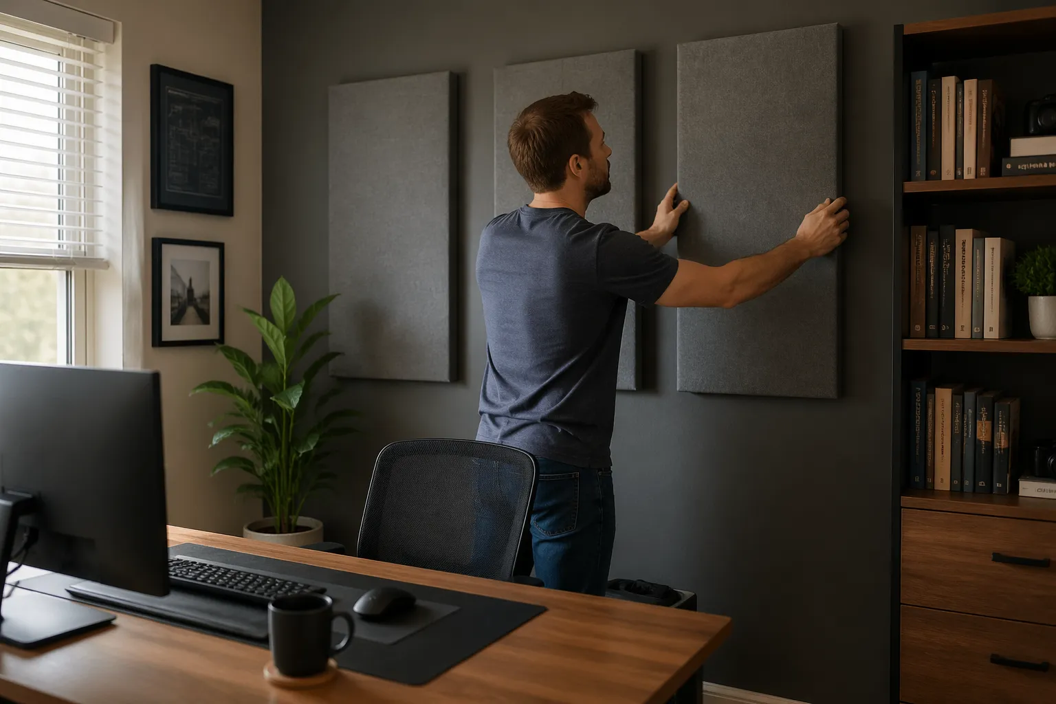A man adjusting acoustic panels on the rear wall of a small home office.