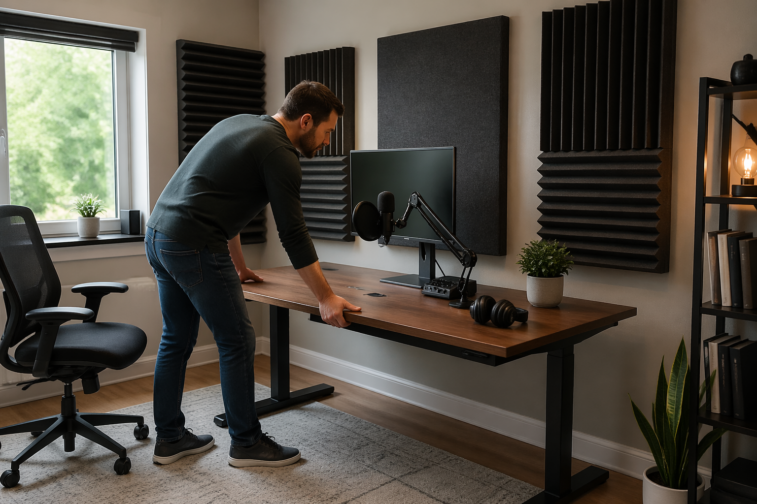 A man adjusting a desk in a home office studio to improve sound acoustics with soundproofing panels on the walls.
