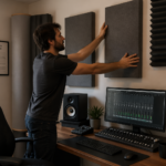 A sound engineer adjusts acoustic panels in a home office studio with a desk against the wall.