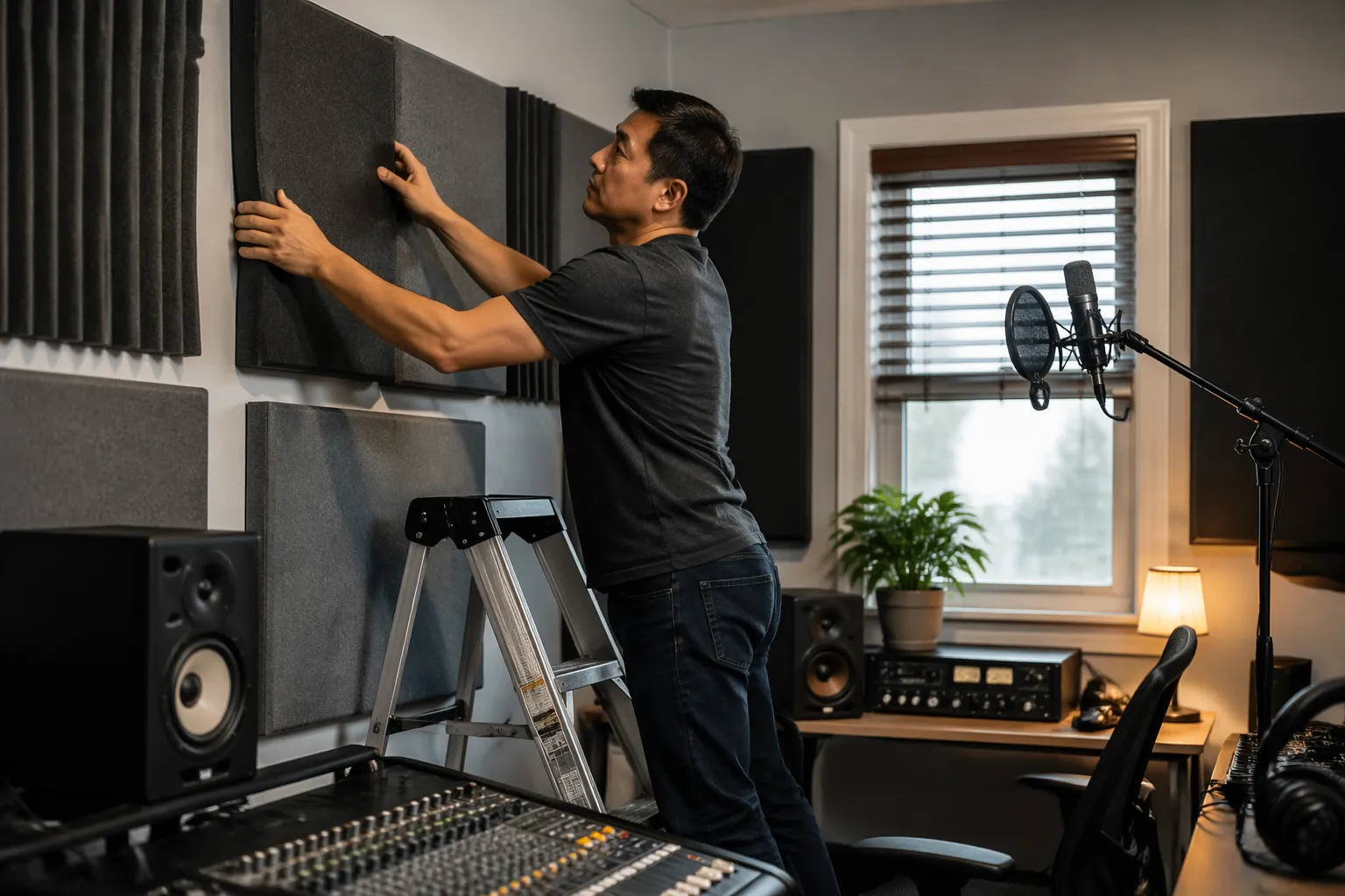 A sound engineer adjusting acoustic panels in a small home office studio to reduce bass ringing.