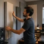 A sound engineer adjusting acoustic panels in a small home office studio to reduce bass ringing.