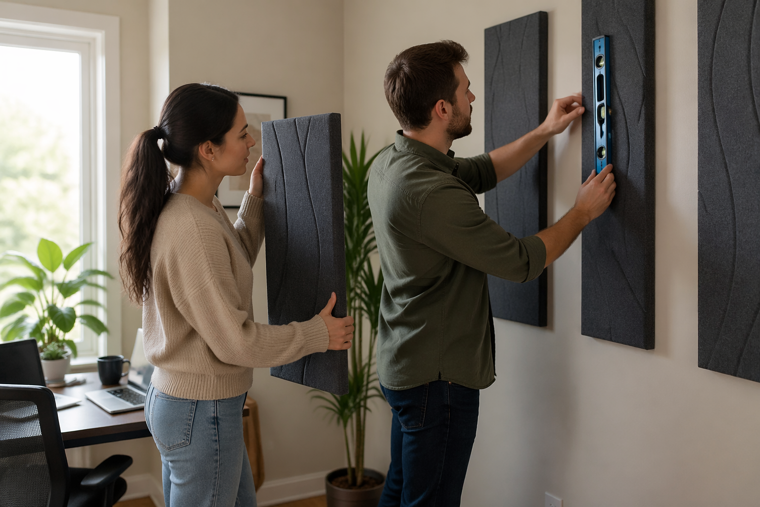 A woman and a man installing removable acoustic panels in a home office.