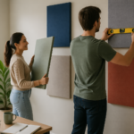 A young woman and man installing removable acoustic panels in a bright home office.