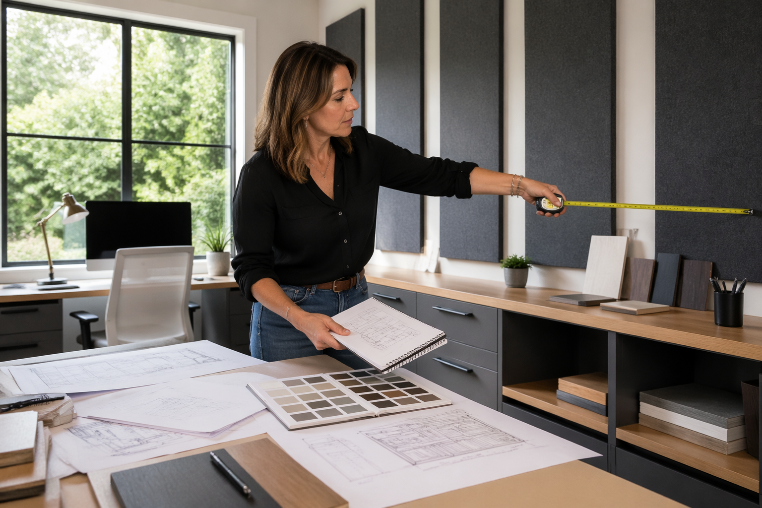 A woman measuring and planning built-in cabinets in a modern home office studio with acoustic panels.
